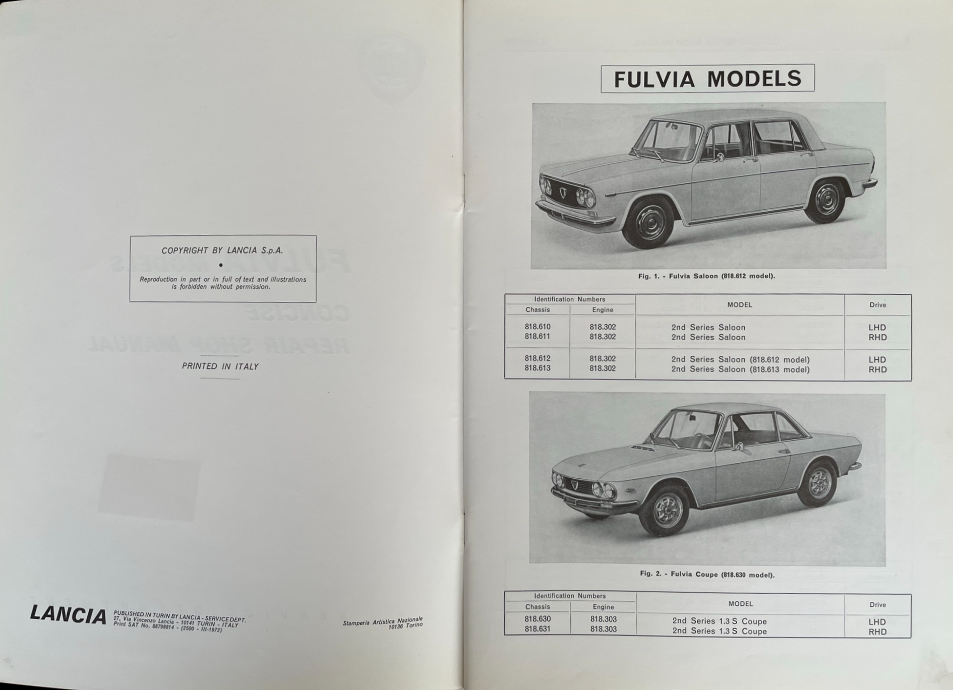 LANCIA PROFILI 1,2,3 洋書 Lancia Fulvia Concise Repair Shop Manual 1972 - Jancia